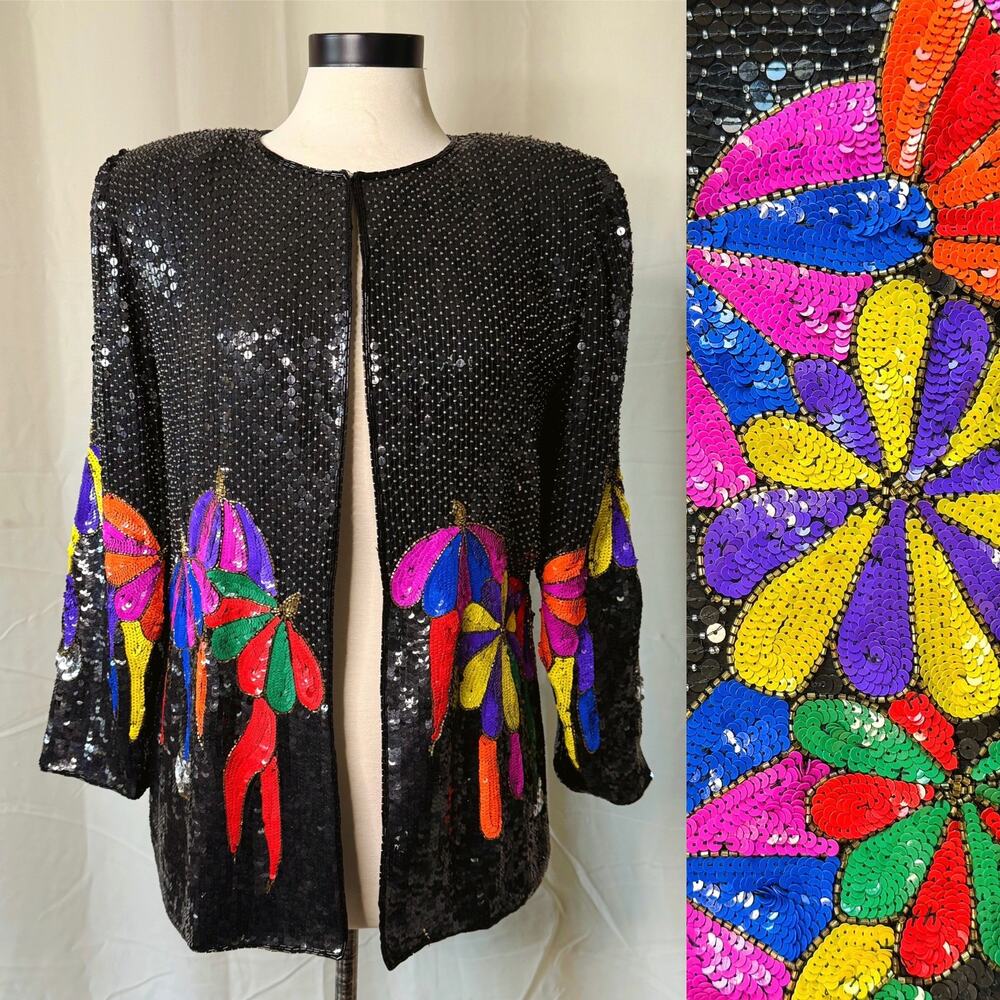 VTG 80s Jakelin Designs 100% silk Funky Umbrella Sequin Sparkly Glitter Blazer